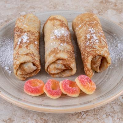 Homemade Crepes With Sugar Powder Sweet Marmalades Min